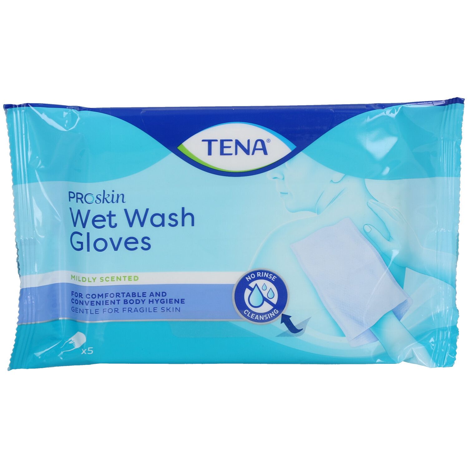 Paquet de TENA ProSkin Wet Wash Gloves. Emballage bleu clair avec illustration. Texte: Mildly Scented, Gentle for fragile skin.