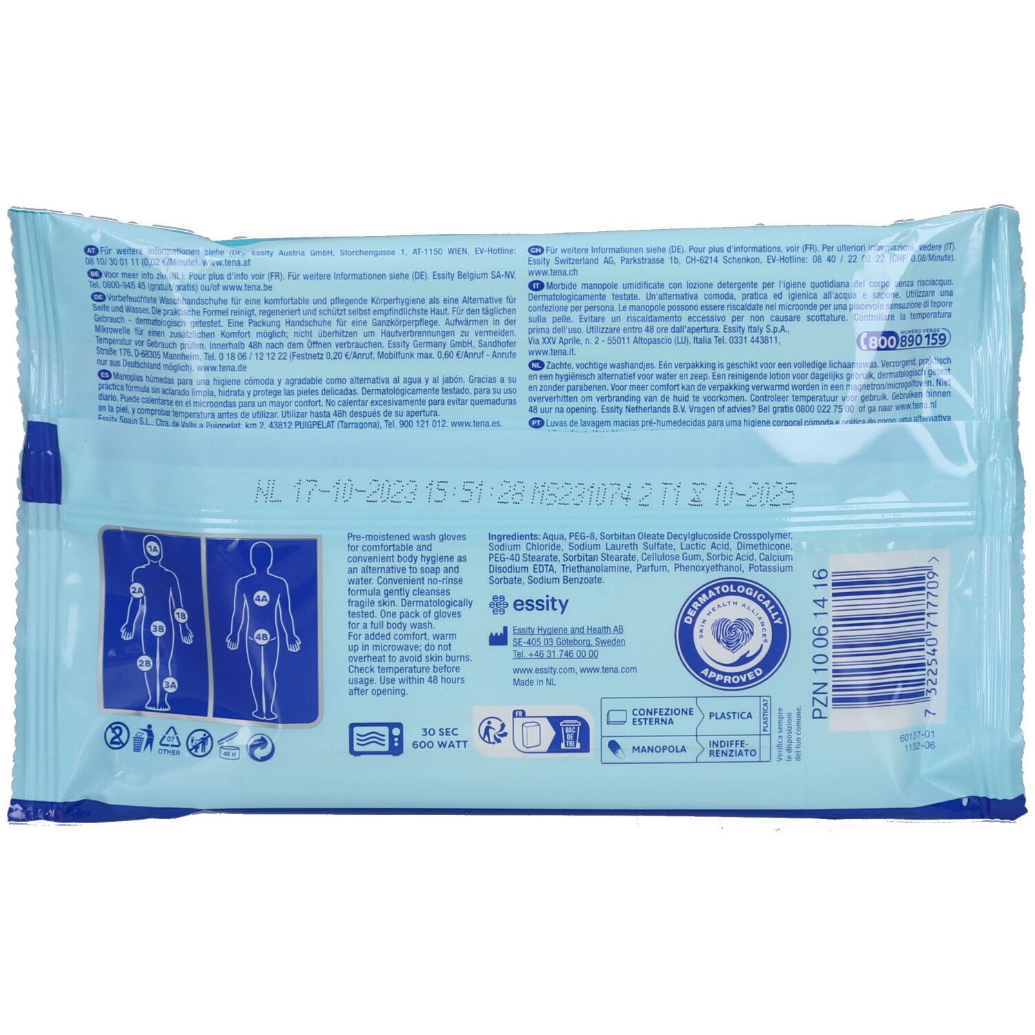 Dos du paquet TENA ProSkin Wet Wash Gloves. Fond bleu clair avec texte et pictogrammes. Testé dermatologiquement.