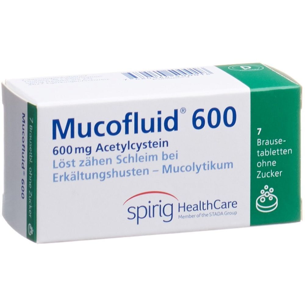 Boîte de comprimés effervescents "Mucofluid 600". Contient 7 comprimés. Inscription : 600 mg Acétylcystéine. Marque : spirig HealthCare.