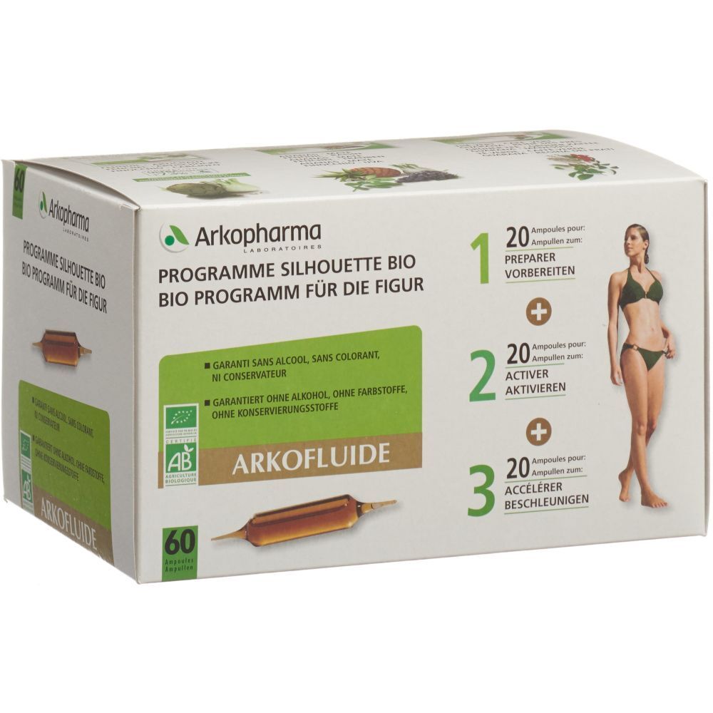Verpackung von ARKOFLUIDE. Weißer Karton mit Produktinformationen und Abbildungen. 60 Ampullen.