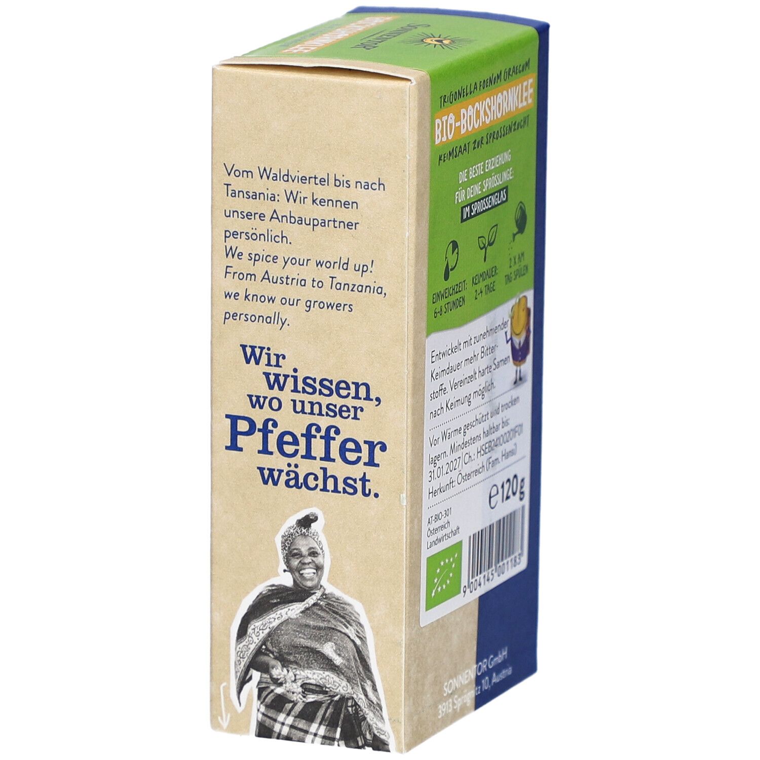 Seite der Verpackung. Text: "Wir wissen, wo unser Pfeffer wächst". Bio-Siegel. Frau in Tracht. SONNENTOR Logo.