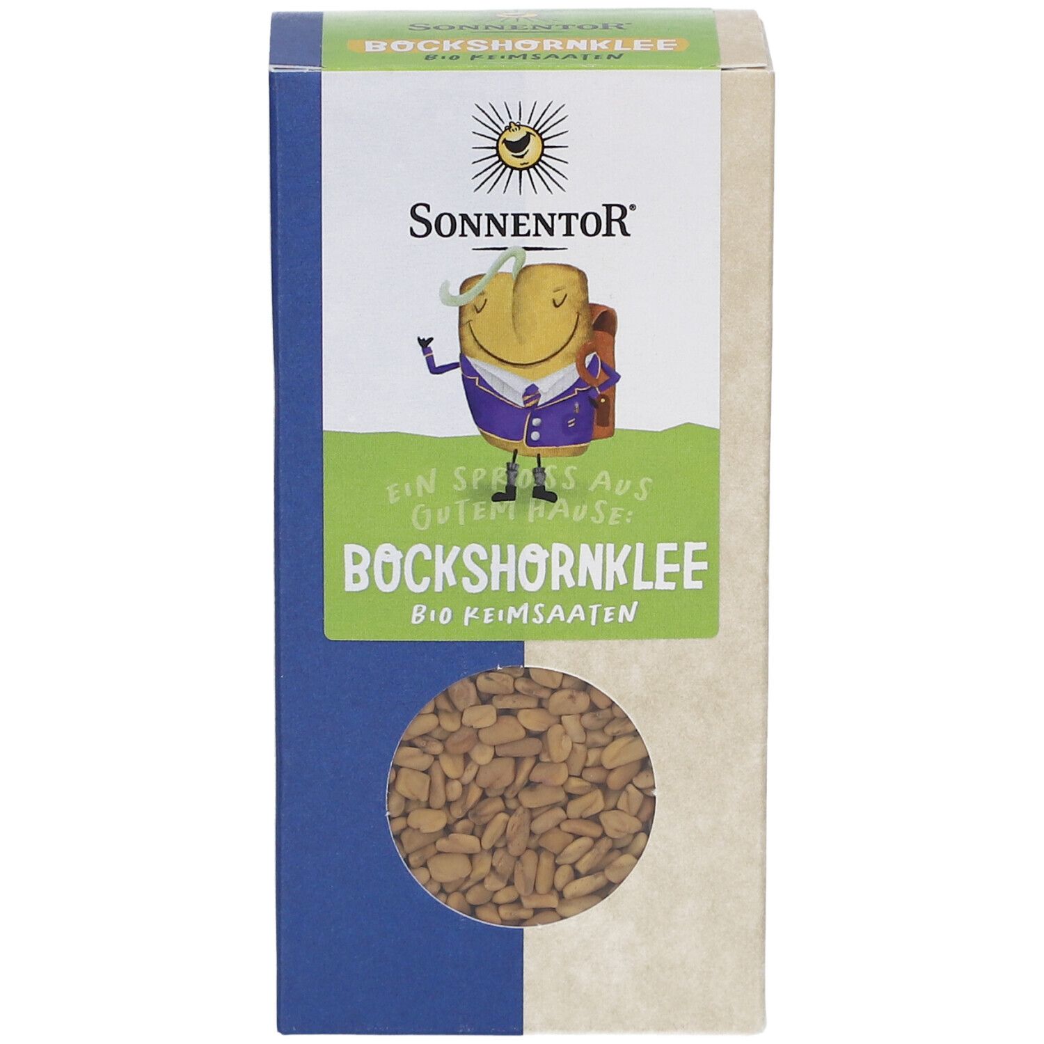 Karton mit Bockshornklee-Samen. Sichtfenster. Marke SONNENTOR. Bio-Qualität. Text: "Bockshornklee Bio Keimsaaten".
