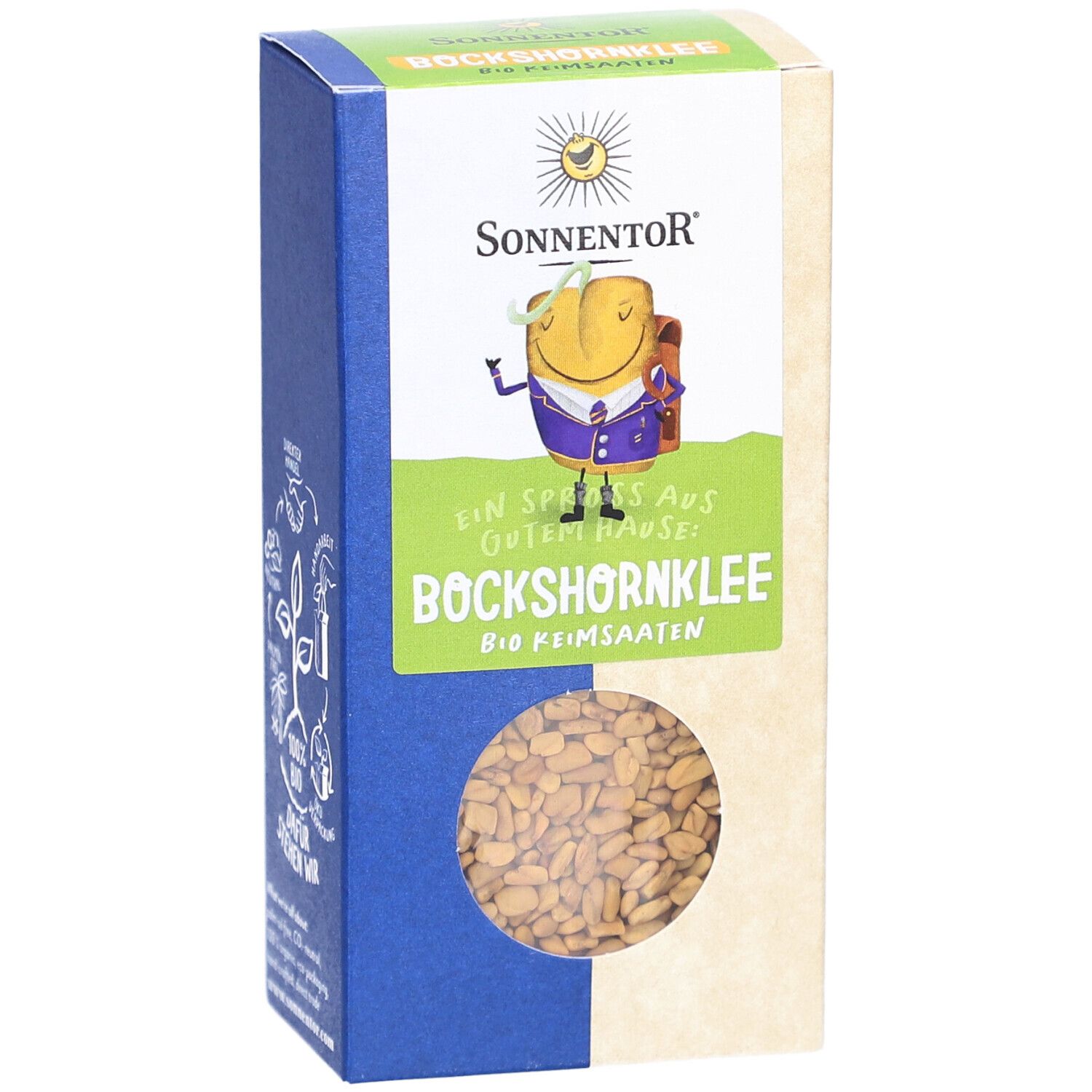 Karton mit Bockshornklee-Samen. Sichtfenster. Marke SONNENTOR. Bio-Qualität. Text: "Bockshornklee Bio Keimsaaten".