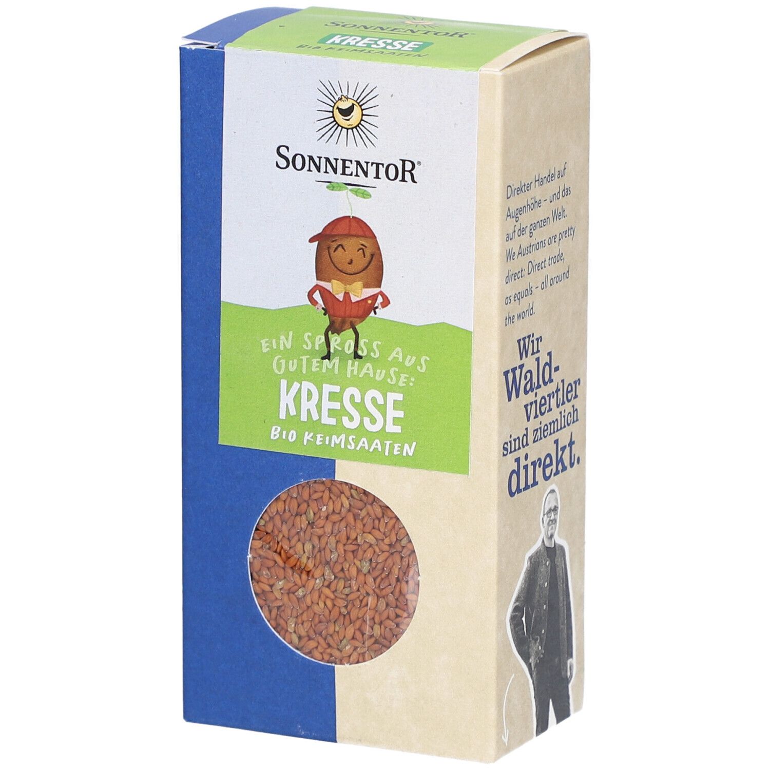 Graines de cresson bio en emballage rectangulaire. Fenêtre transparente montrant les graines. Marque Sonnentor, logo avec personnage.