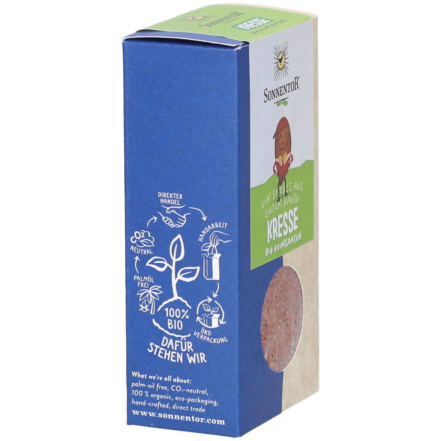 Emballage rectangulaire bleu et beige. Texte : 100% bio, sans huile de palme, neutre en CO2. Logo avec plante. Marque Sonnentor.