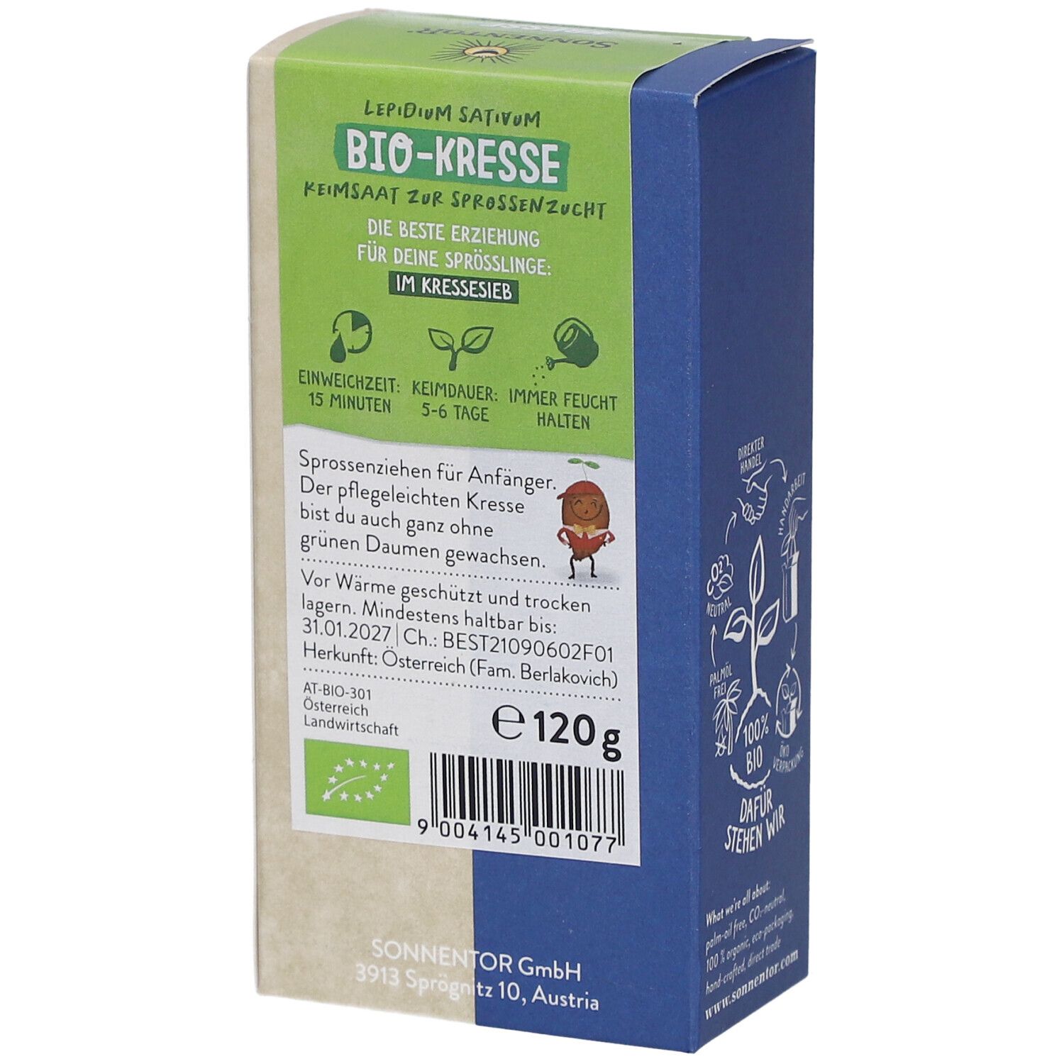 Dos de l'emballage avec texte et informations. Label bio. Poids : 120g. Marque Sonnentor. A consommer de préférence avant le 31.01.2027.