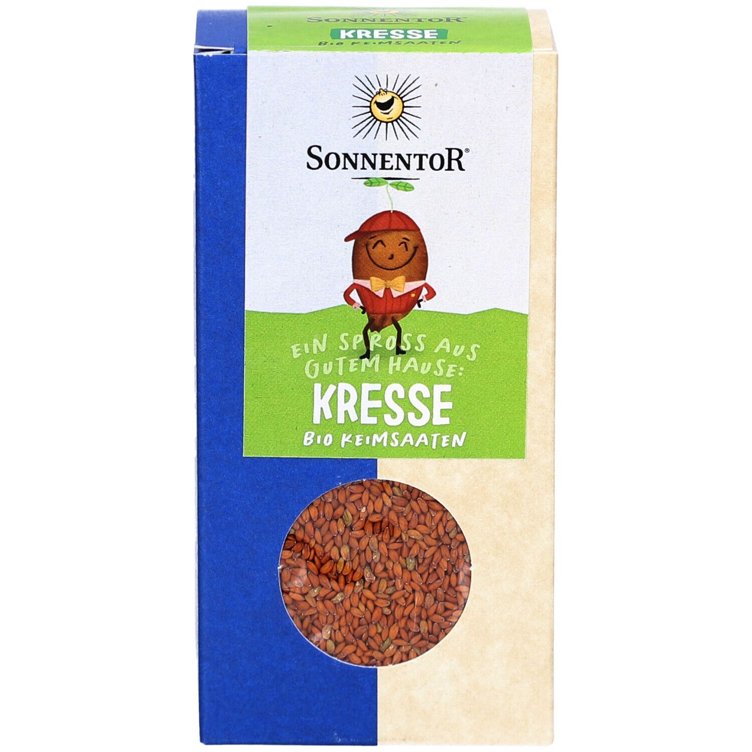 Graines de cresson bio en emballage rectangulaire. Fenêtre transparente montrant les graines. Marque Sonnentor, logo avec personnage.