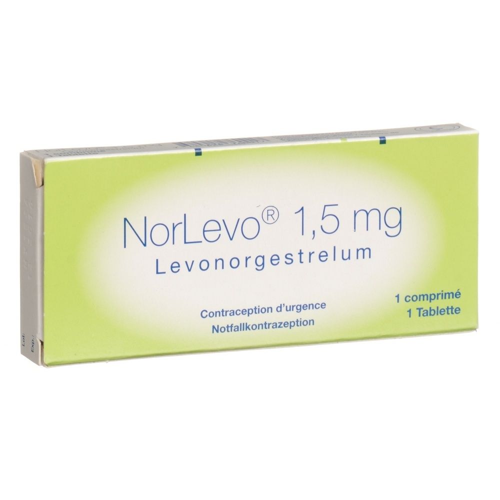 Schachtel mit "NorLevo 1,5 mg". Text: Levonorgestrelum, Contraception d'urgence, Notfallkontrazeption. Enthält 1 Tablette.