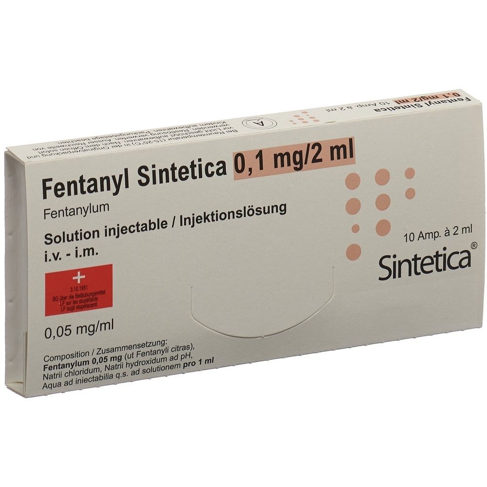 Boîte avec texte: Fentanyl Sintetica Inj Lös 0.1 mg/2ml. Couleurs rouge et gris. Petit format.