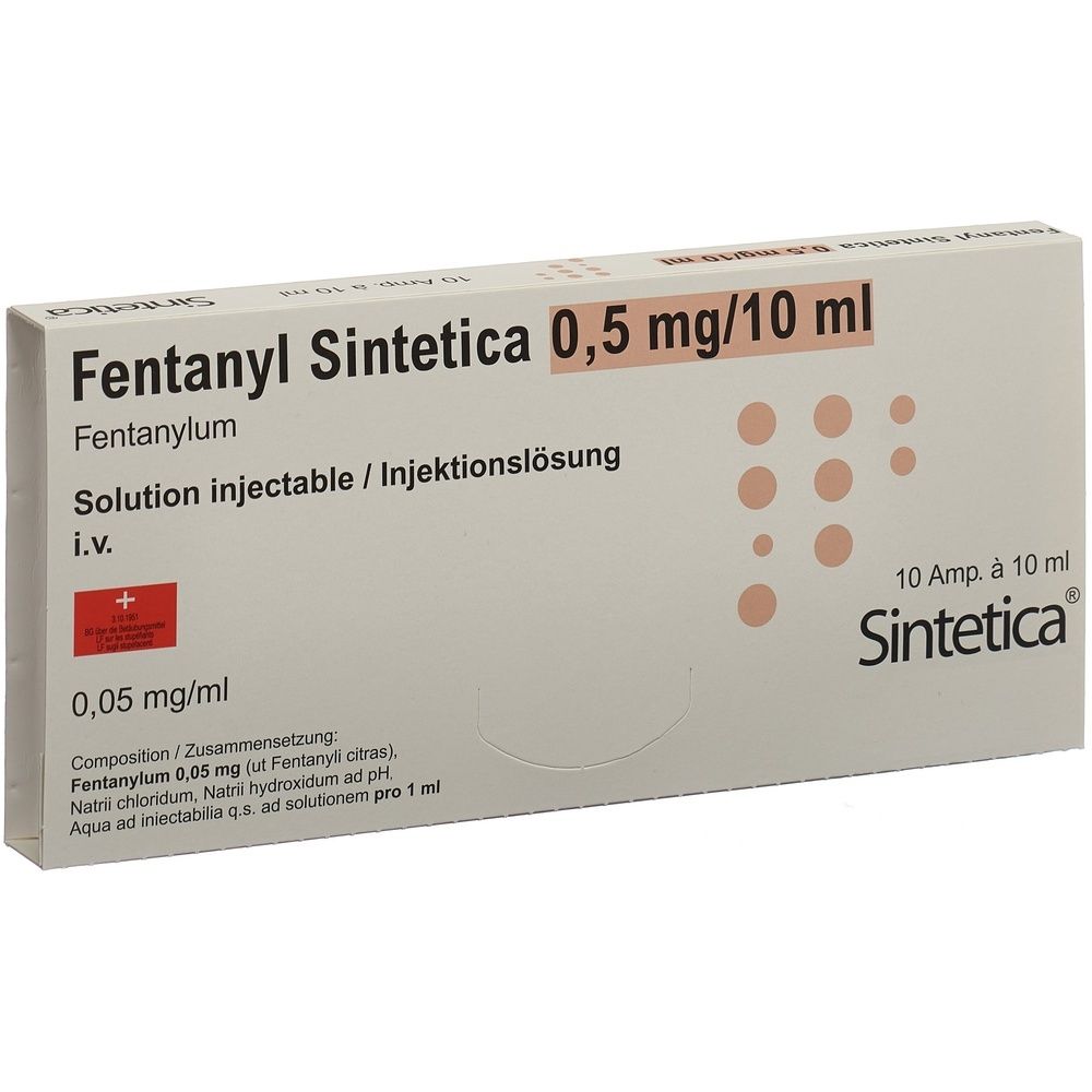 Boîte de médicament avec informations. Inscription: Fentanyl Sintetica Inj Lös 0.5 mg/10ml. Emballage avec logo rouge et autres détails.