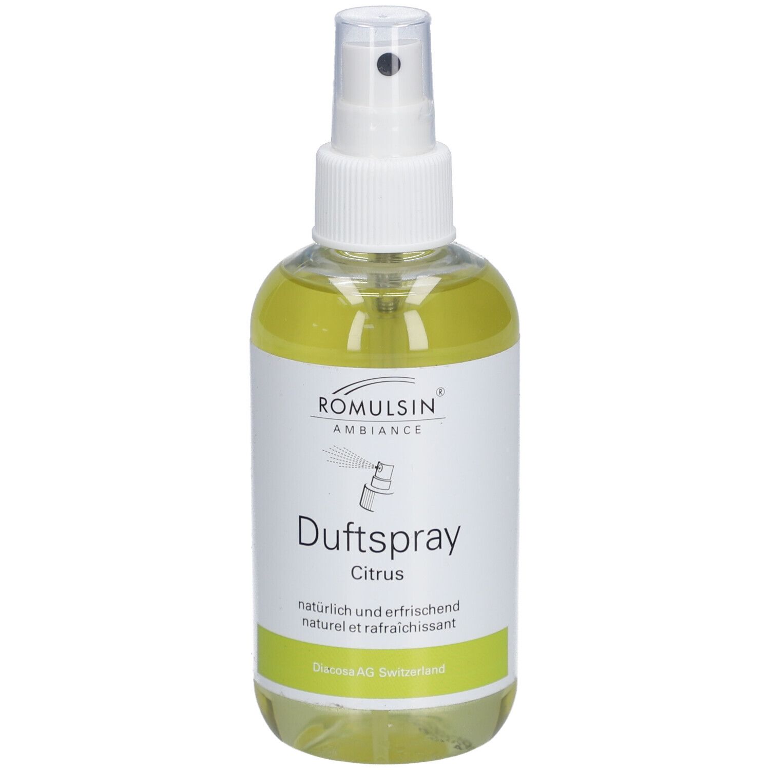 Klare Flasche mit weißem Sprühkopf. Etikett mit Schriftzug "Duftspray Citrus" und Logo. Grüne Akzente.