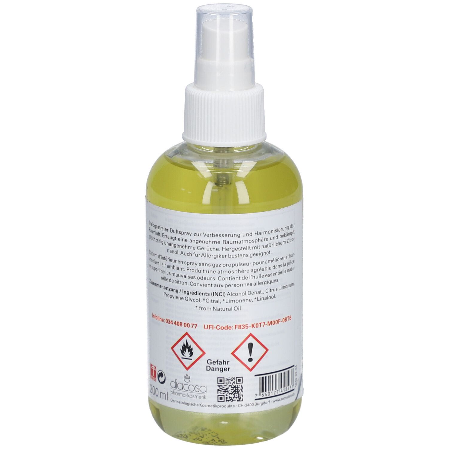 Rückansicht der Flasche. Etikett mit Inhaltsstoffen, Gefahrensymbolen und QR-Code. 200 ml.