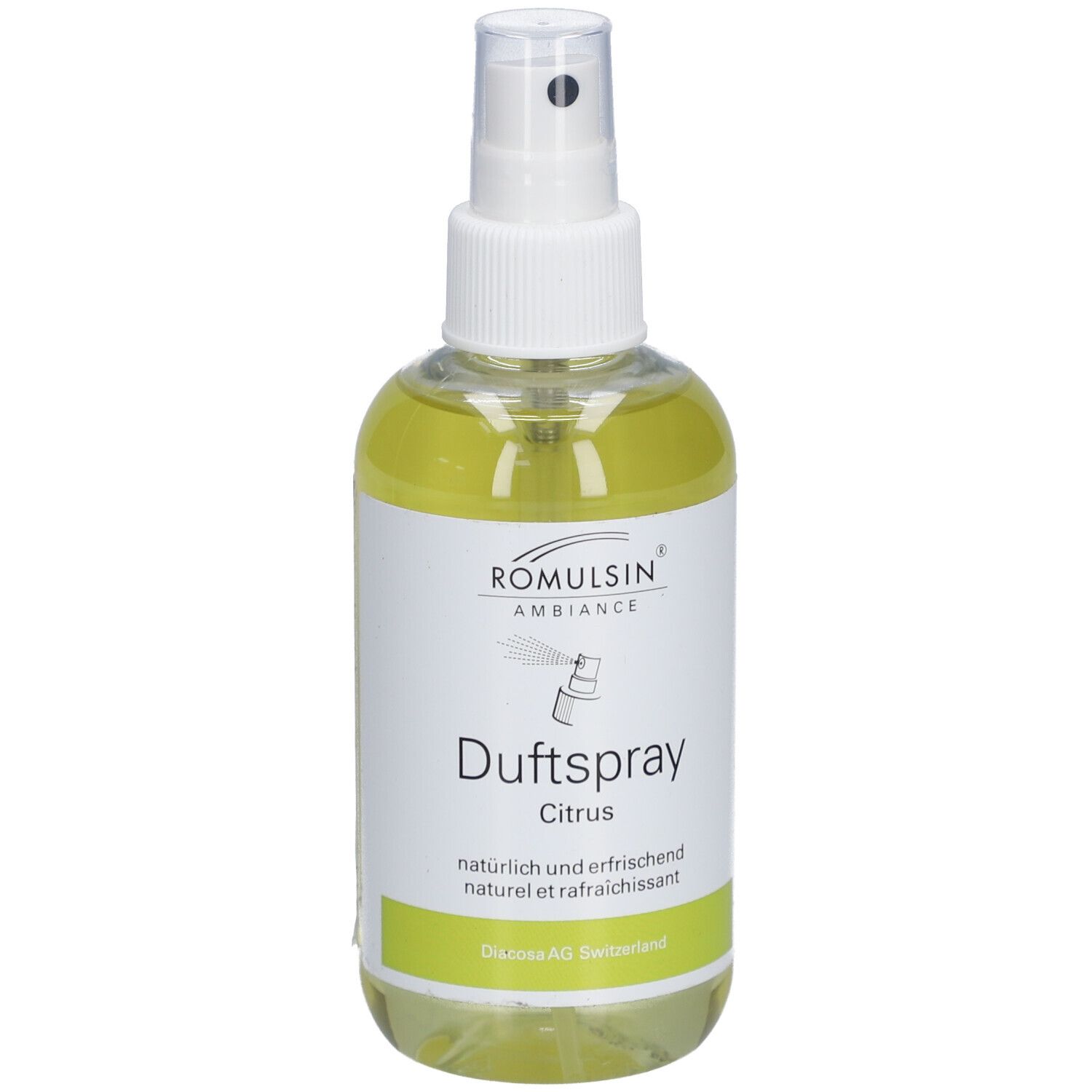Klare Flasche mit weißem Sprühkopf. Etikett mit Schriftzug "Duftspray Citrus" und Logo. Grüne Akzente.