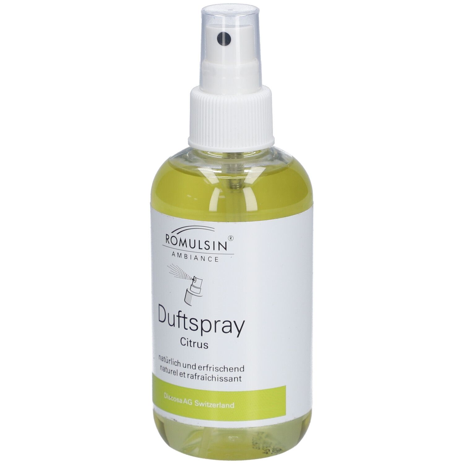 Klare Flasche mit weißem Sprühkopf. Etikett mit Schriftzug "Duftspray Citrus" und Logo. Grüne Akzente.