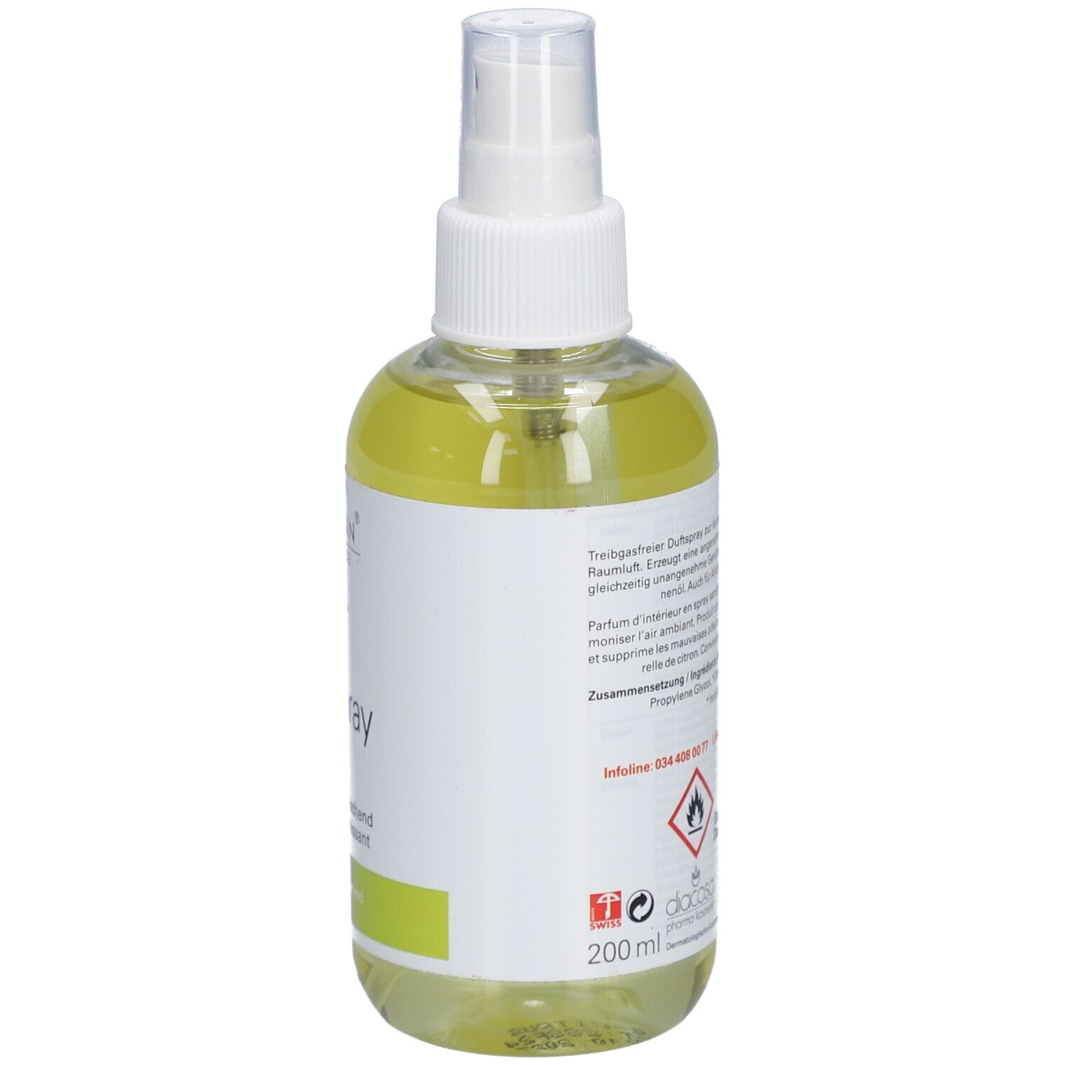 Rückansicht der Flasche. Etikett mit Text, Gefahrensymbolen und QR-Code. 200 ml.