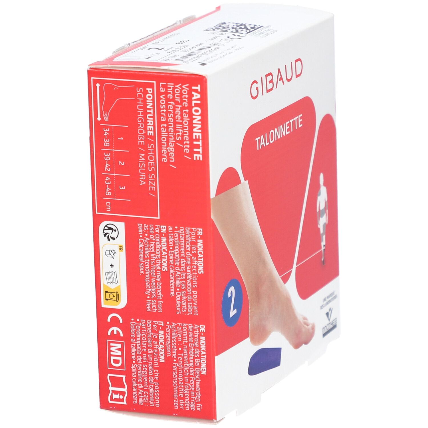 Verpackung Gibaud Talonnette. Seitenansicht mit Größenangaben und Produktinformationen. Fußabbildung und blaue Einlage.