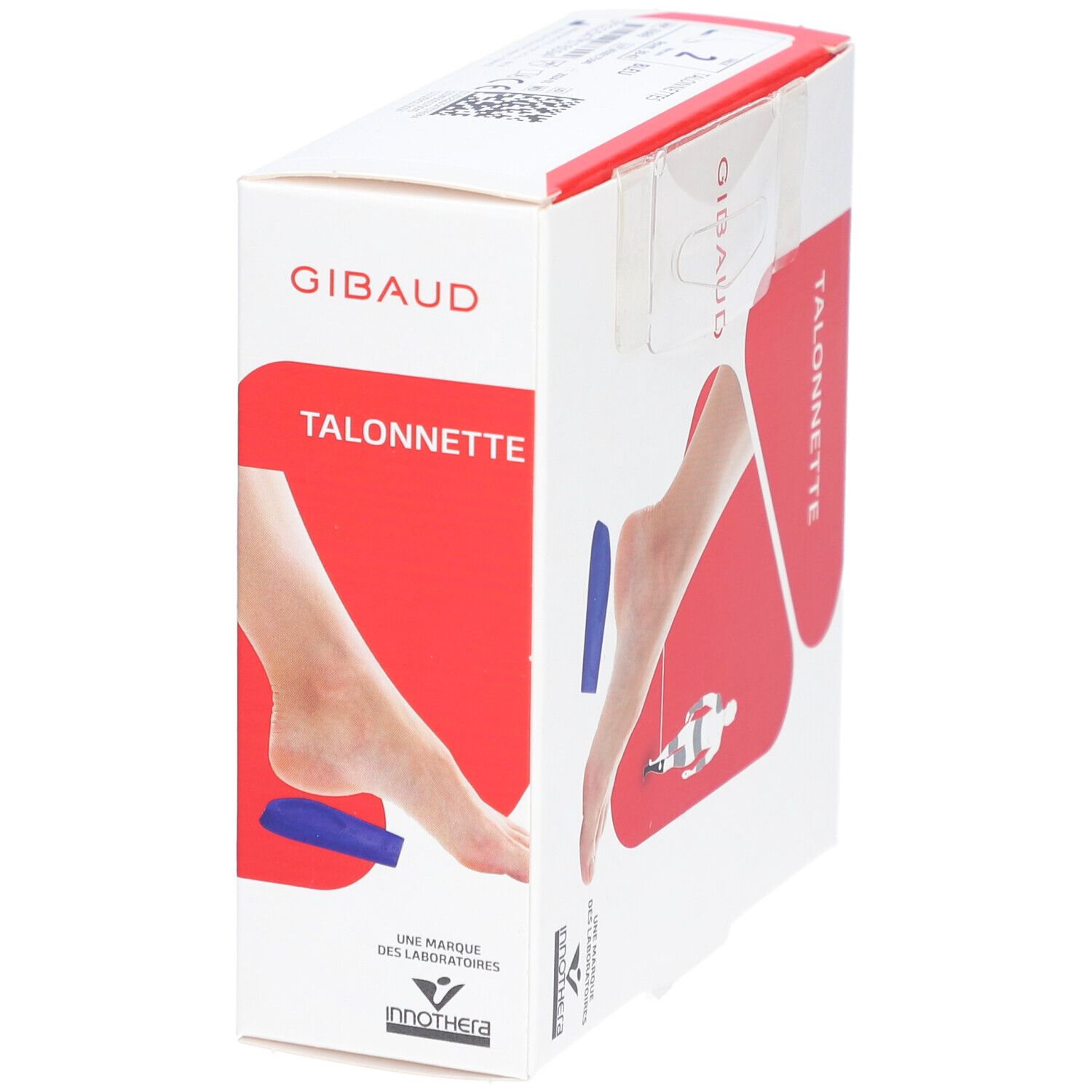 Gibaud Talonnette Verpackung. Seitenansicht mit Fußabbildung, blauer Einlage und Produktnamen. CE-Kennzeichnung.