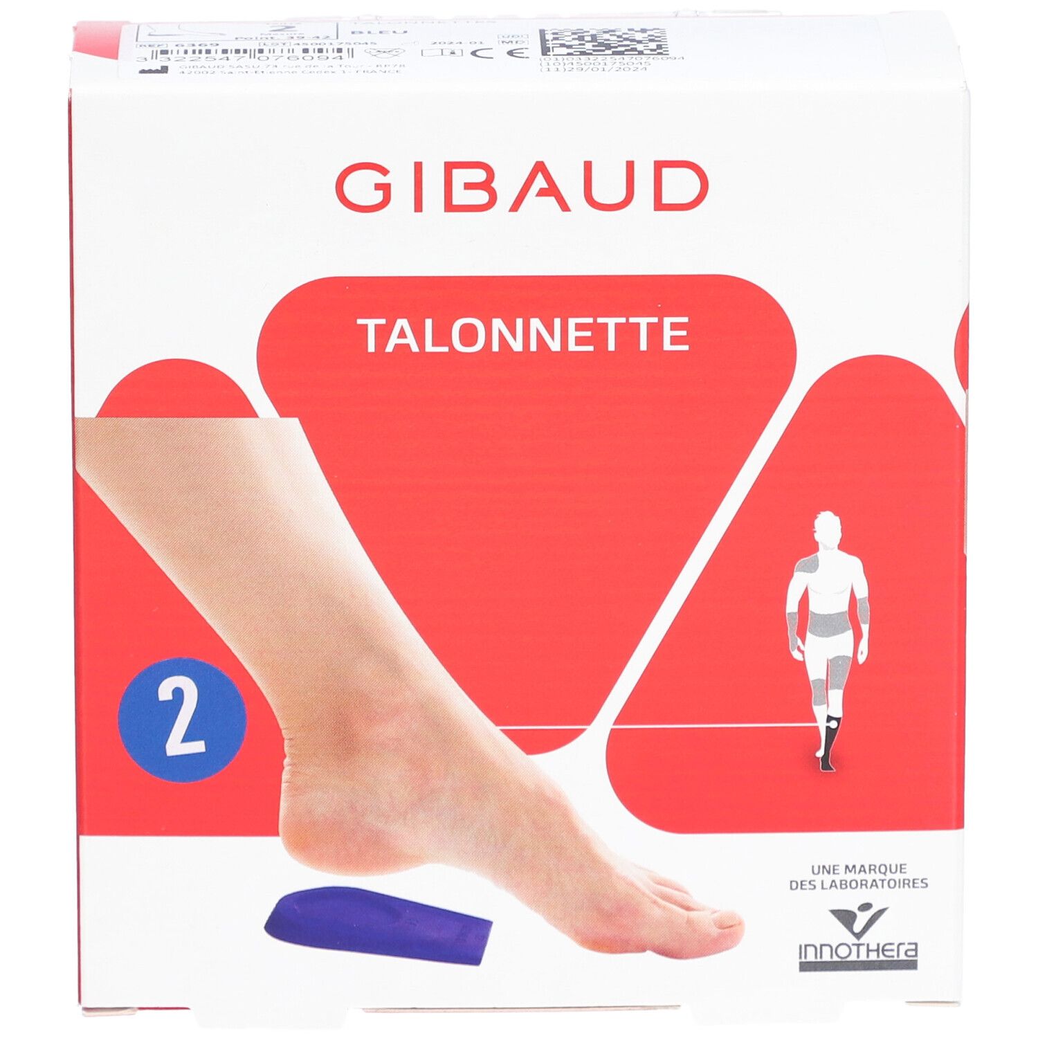 Verpackung Gibaud Talonnette. Aufdruck: 2, Fußabbildung, blaue Einlage. Marke und Produktname deutlich sichtbar.