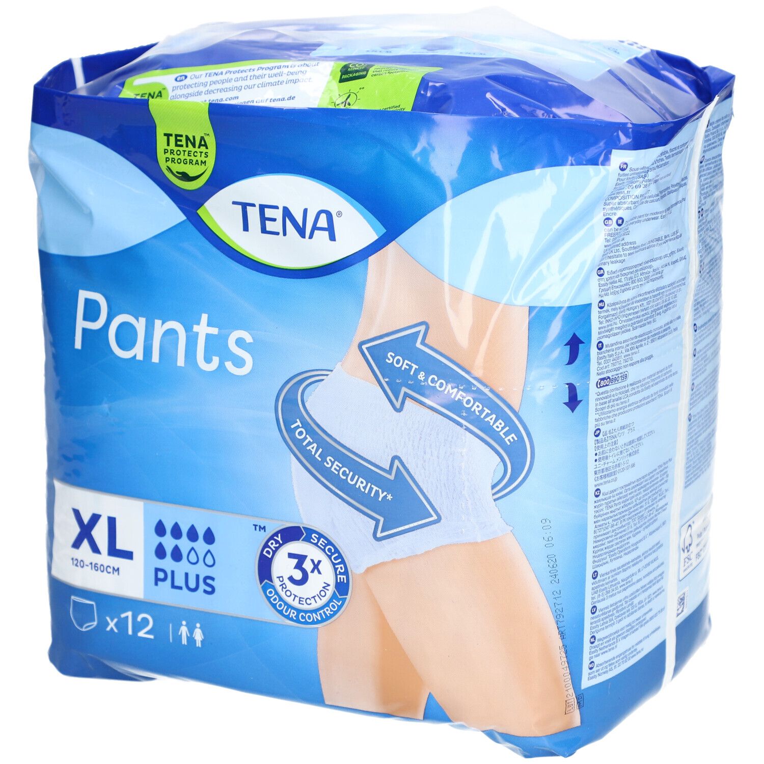 Verpackung TENA Pants Plus XL. Blaue Verpackung mit Produktabbildung. Enthält 12 Stück. Größe XL, 120-160cm.