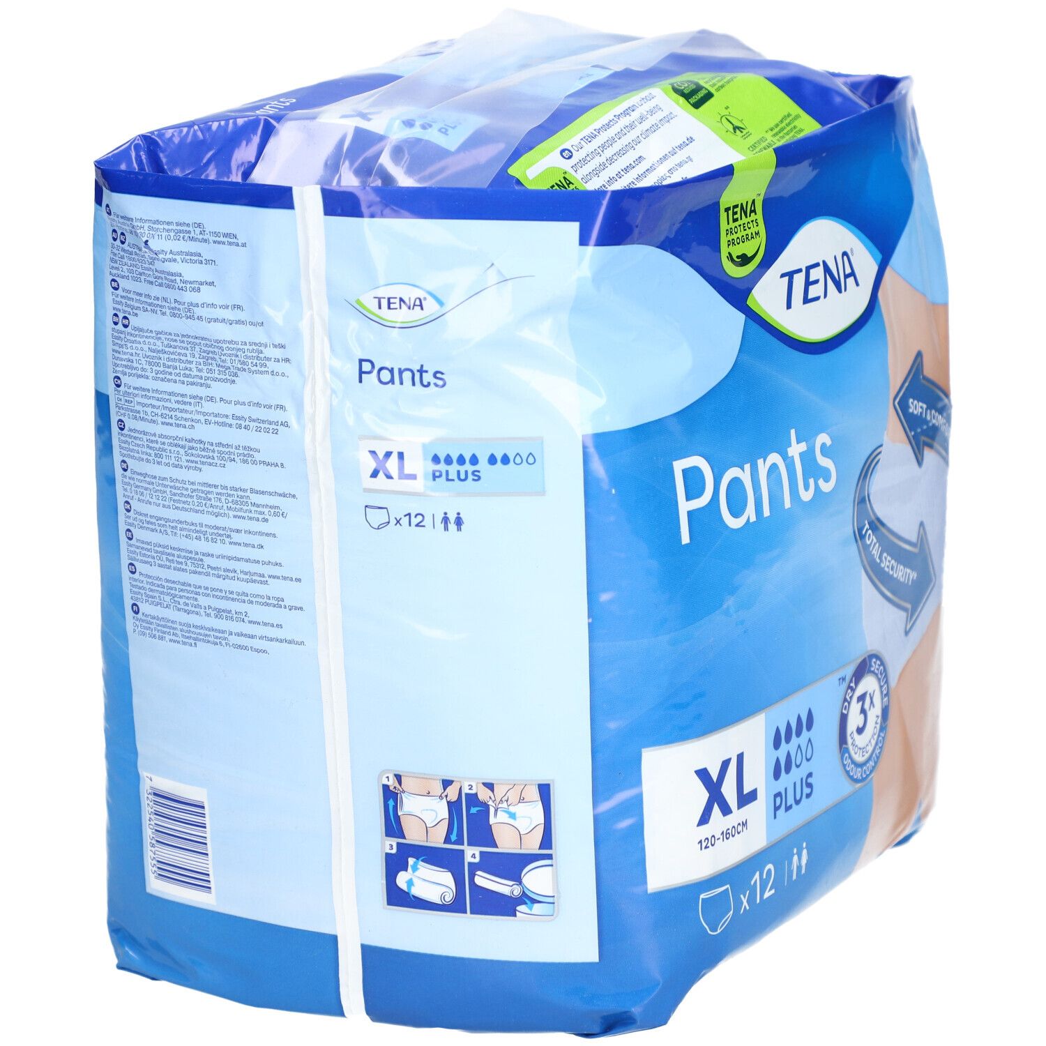 Verpackung TENA Pants Plus XL. Blaue Verpackung, Seitenansicht. Enthält 12 Stück. Größe XL, 120-160cm. Produktabbildung.