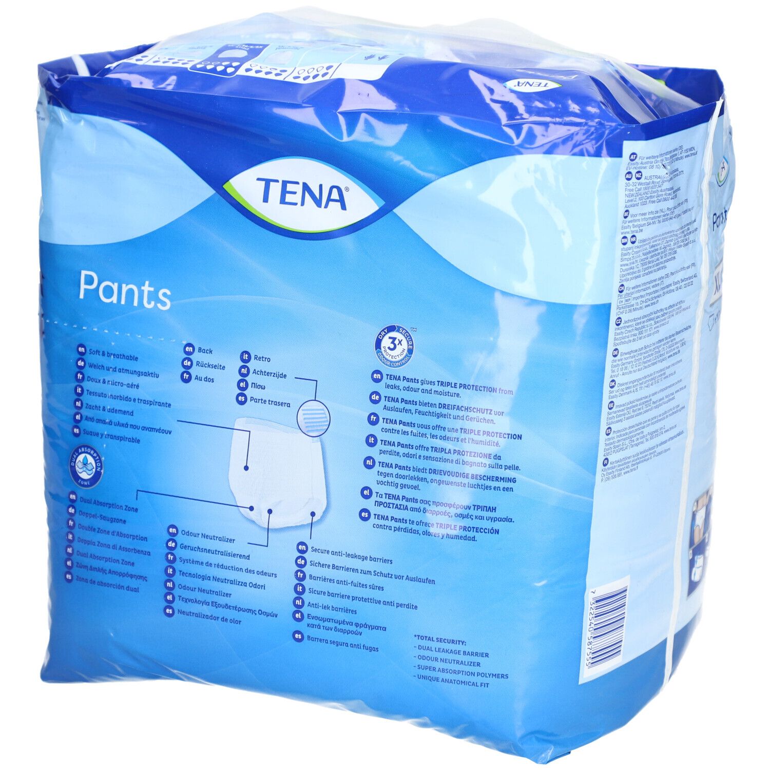 Rückseite der TENA Pants Plus XL Verpackung. Blaue Verpackung mit Produktinformationen und Piktogrammen. FSC-Zertifizierung.