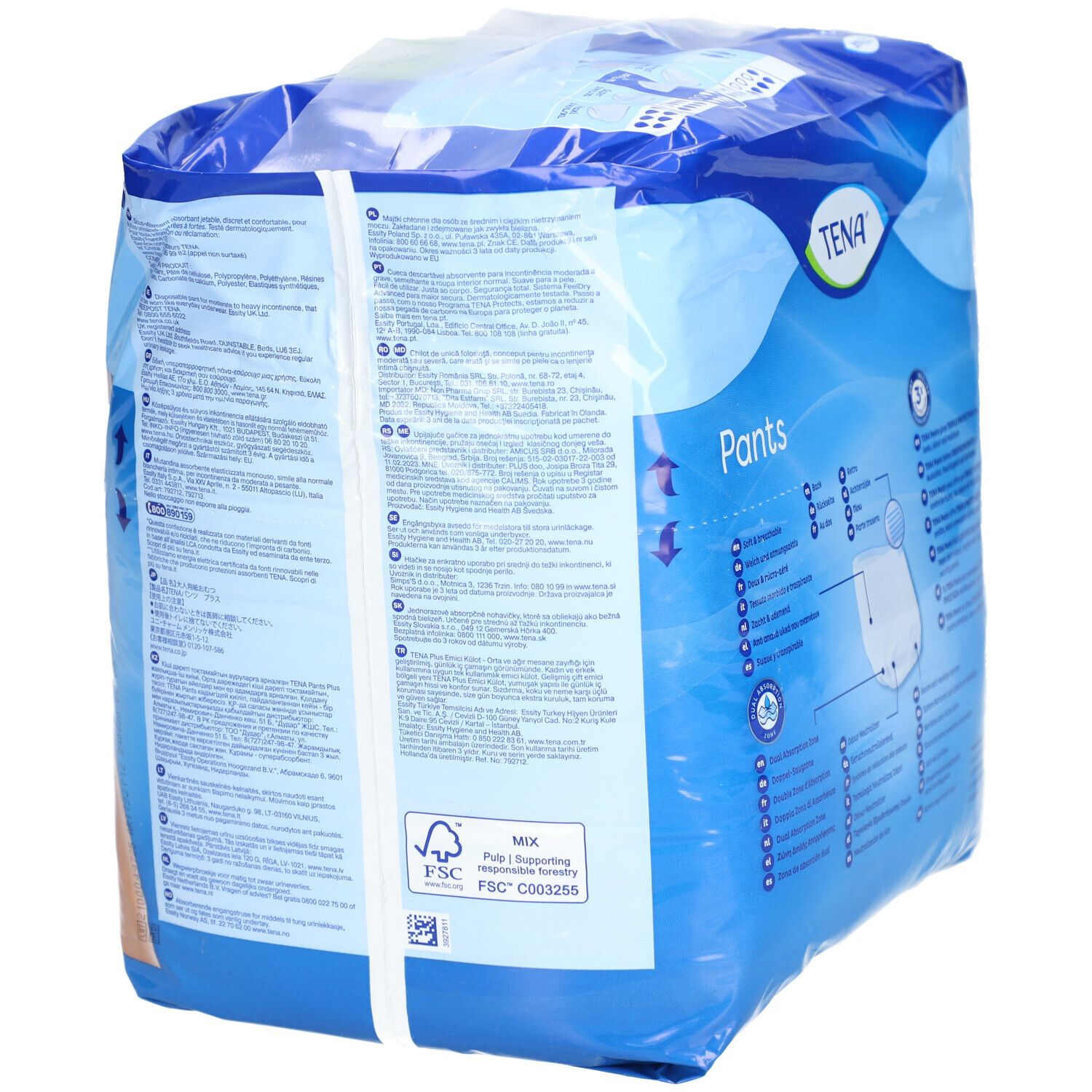 Rückseite der TENA Pants Plus XL Verpackung. Blaue Verpackung mit Produktinformationen und Piktogrammen. FSC-Zertifizierung.