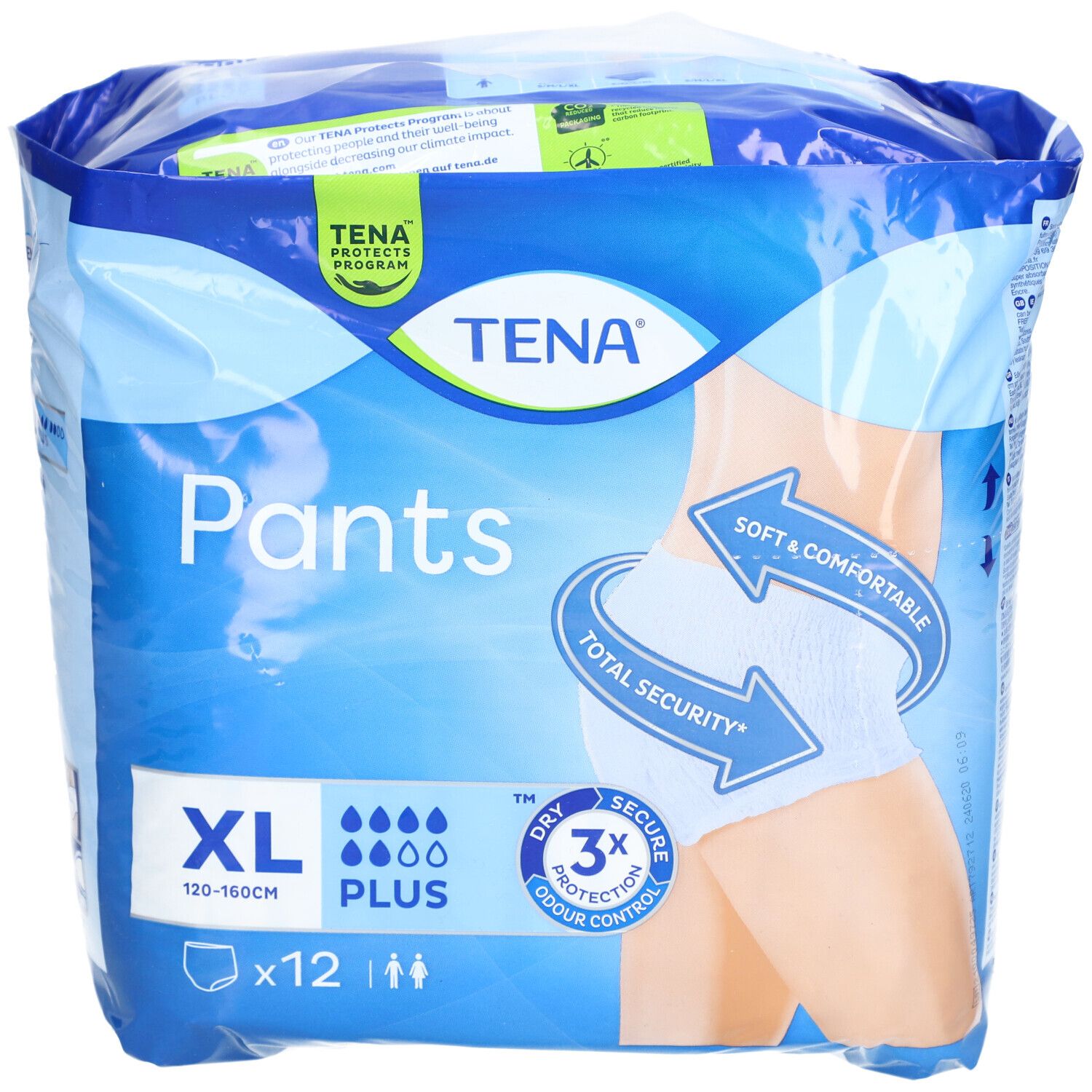 Verpackung TENA Pants Plus XL. Blaue Verpackung mit Produktabbildung. Enthält 12 Stück. Größe XL, 120-160cm.