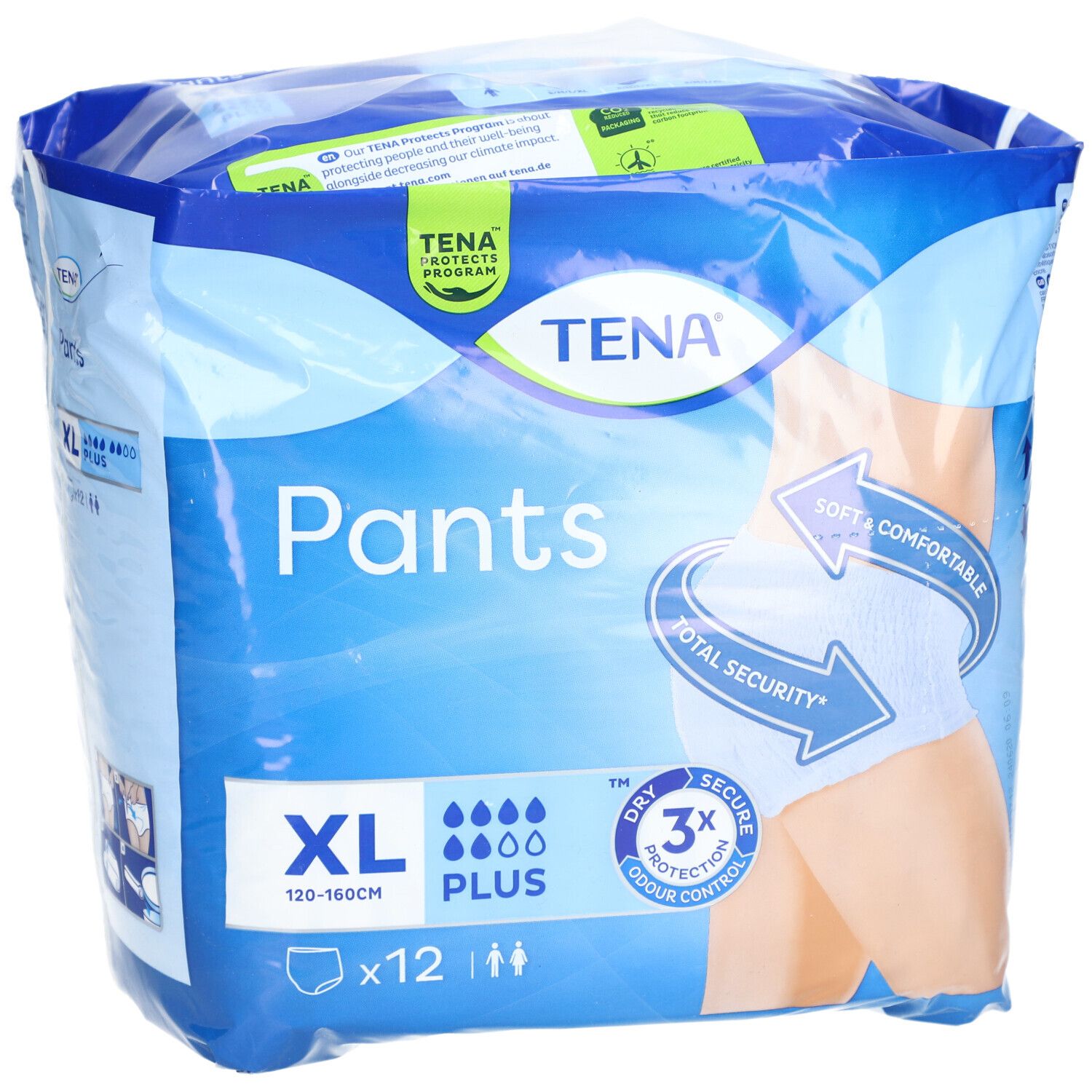 Verpackung TENA Pants Plus XL. Blaue Verpackung mit Produktabbildung. Enthält 12 Stück. Größe XL, 120-160cm.