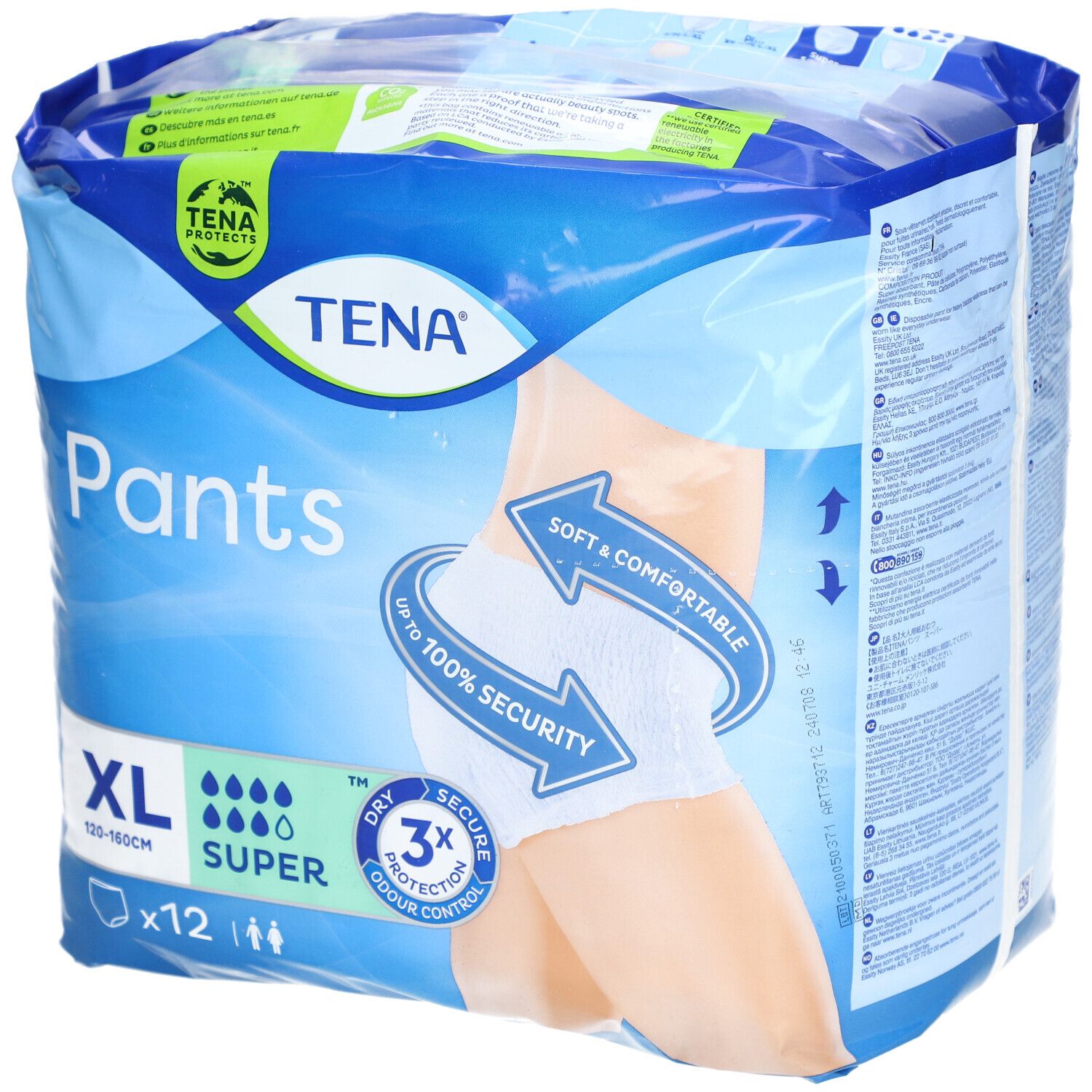 Paquet de TENA Pants Super, XL, 12 pièces. Emballage bleu avec illustration du produit. Texte: XL, 120-160cm, Super, 3x protection, doux & confortable.