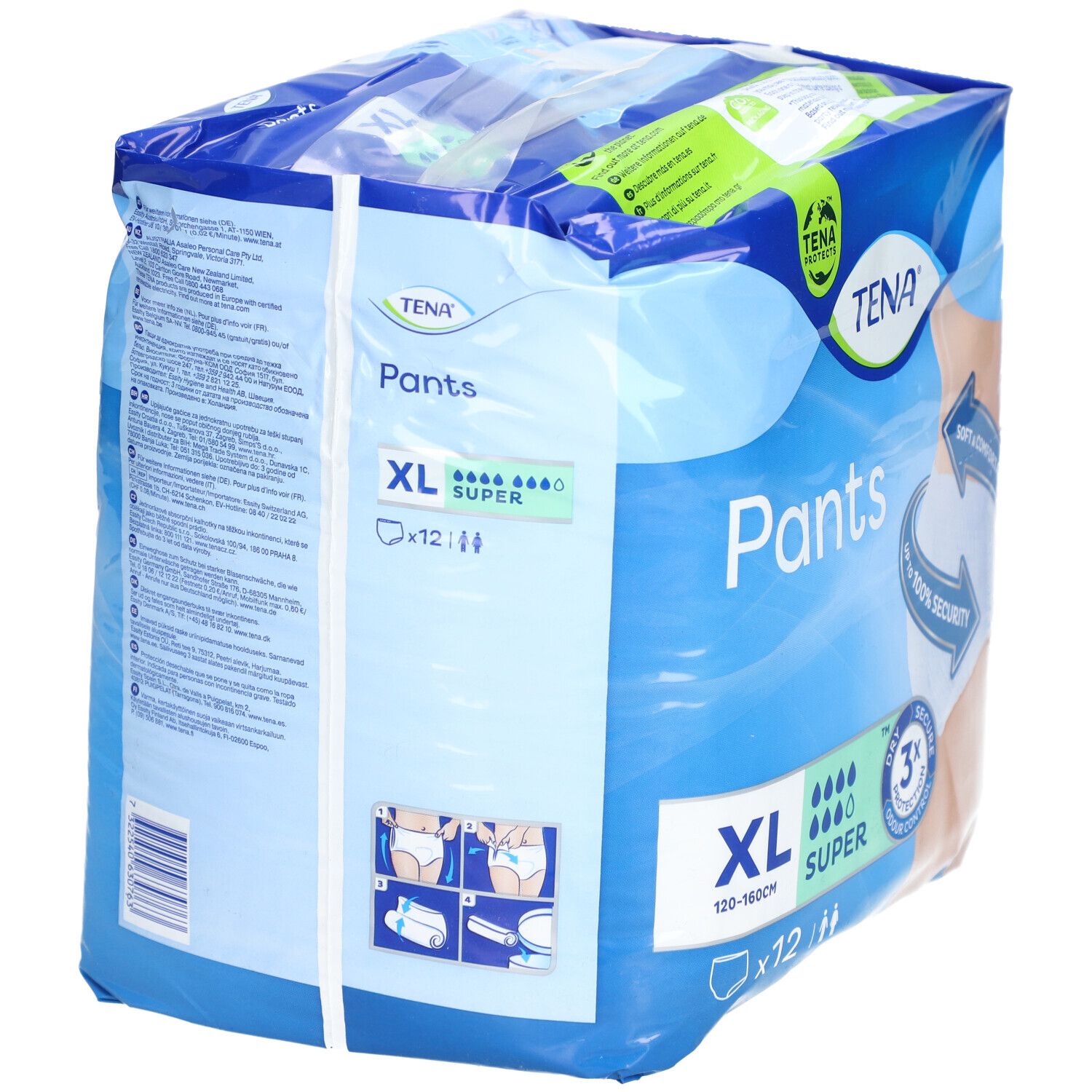 Paquet TENA Pants Super, XL, 12 pièces. Emballage bleu avec informations produit. Texte: XL, 120-160cm, Super, 3x protection. Illustrations produit.