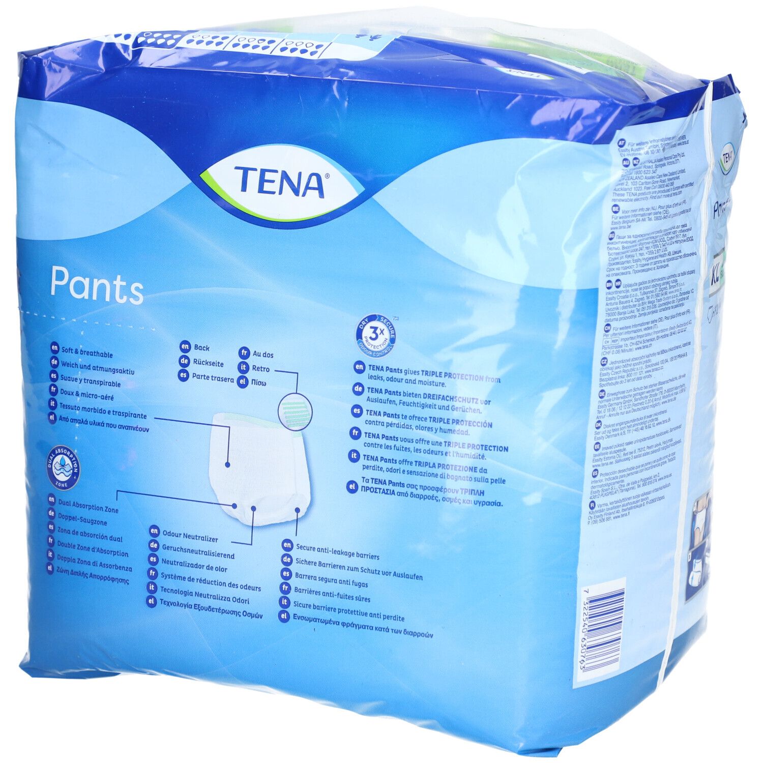 Paquet TENA Pants Super, XL, 12 pièces. Emballage bleu avec informations produit. Texte: XL, 120-160cm, Super, 3x protection. Illustration produit.