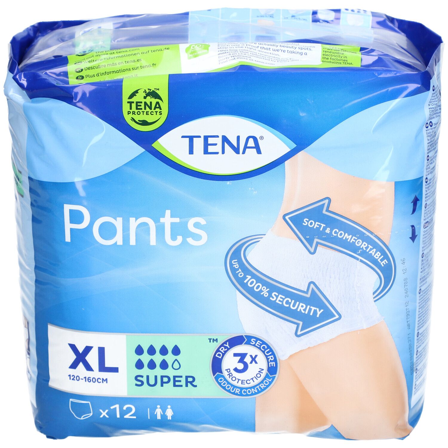 Paquet TENA Pants Super, XL, 12 pièces. Emballage bleu avec illustration du produit. Texte: XL, 120-160cm, Super, 3x protection, doux & confortable.