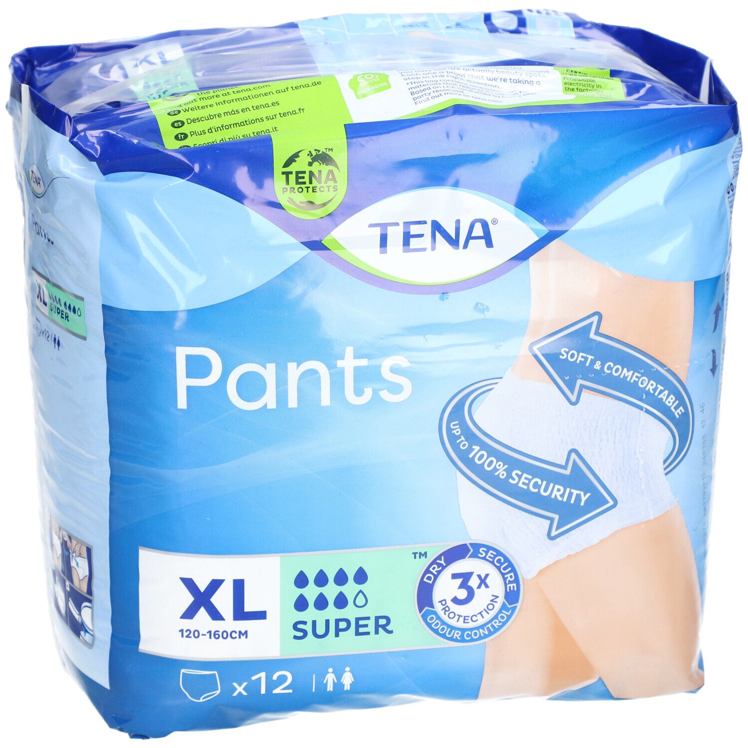 Paquet TENA Pants Super, XL, 12 pièces. Emballage bleu avec illustration du produit. Texte: XL, 120-160cm, Super, 3x protection, doux & confortable.