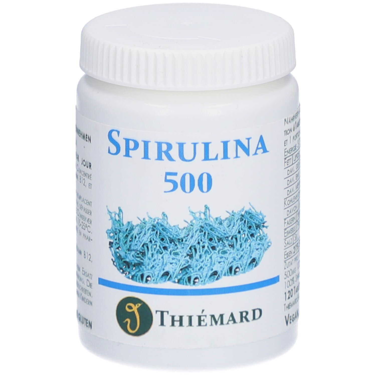 Weiße Dose mit Schraubverschluss. Aufschrift Spirulina 500 und Thiémard. Abbildung von blauem Spirulina.