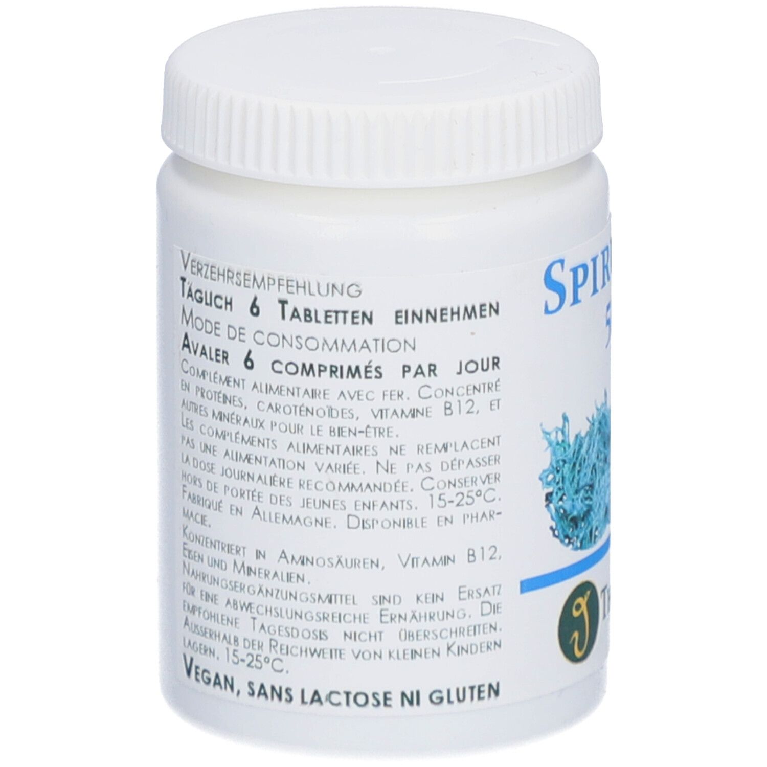 Weiße Dose mit Text. Enthält Informationen zur Einnahme und Inhaltsstoffe. Vegan, laktosefrei, glutenfrei.