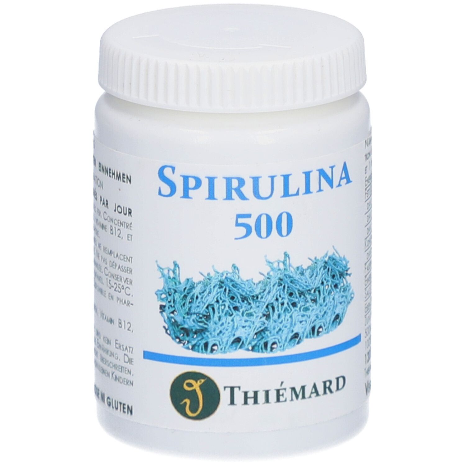 Weiße Dose mit Schraubverschluss. Aufschrift Spirulina 500 und Thiémard. Abbildung von blauem Spirulina.