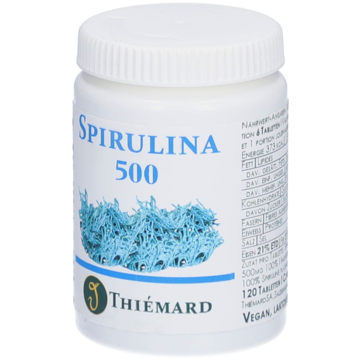 Weiße Dose mit Schraubverschluss. Aufschrift Spirulina 500 und Thiémard. Enthält 120 Tabletten.