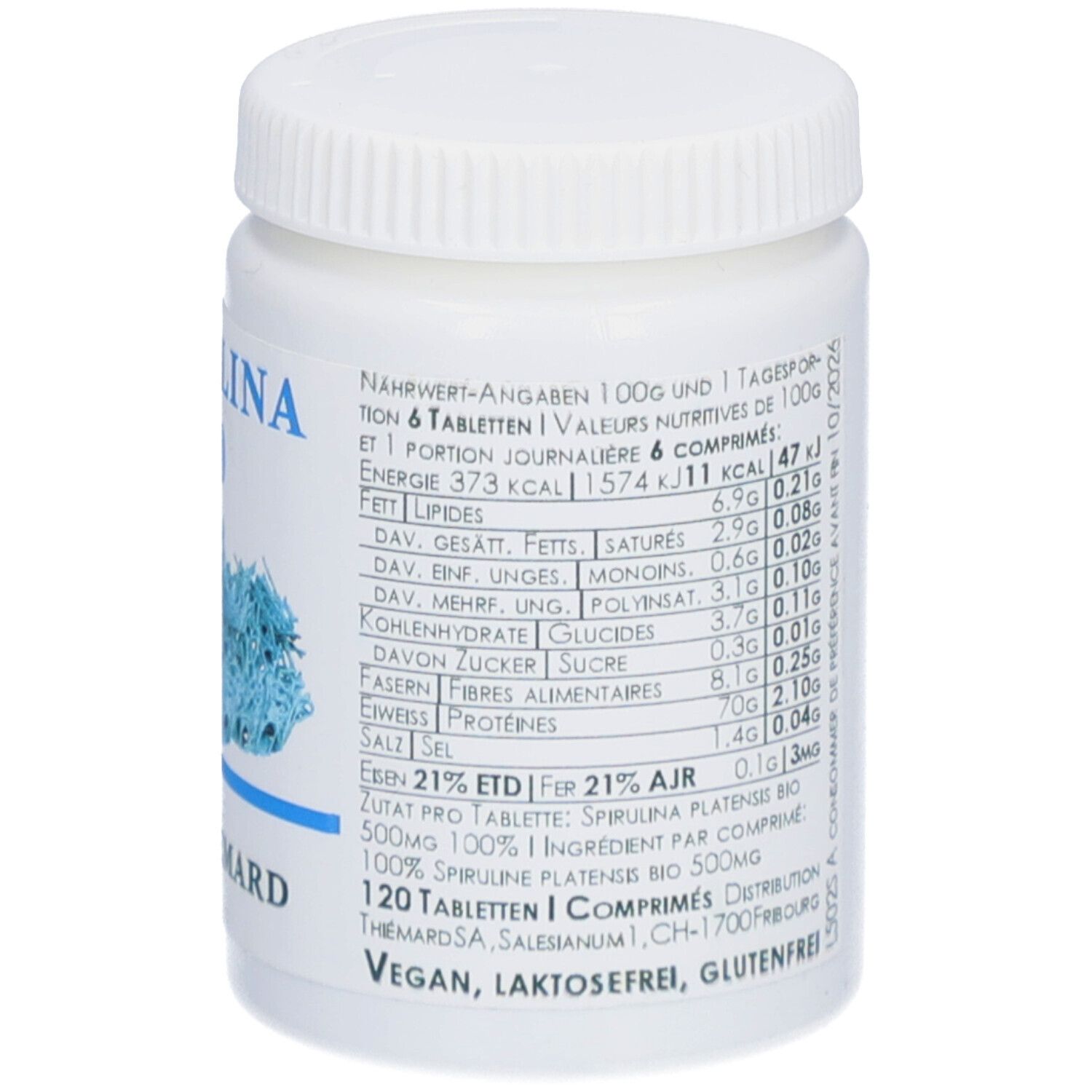 Weiße Dose mit Text. Enthält Nährwertangaben und Inhaltsstoffe. Enthält 120 Tabletten. Vegan, laktosefrei, glutenfrei.