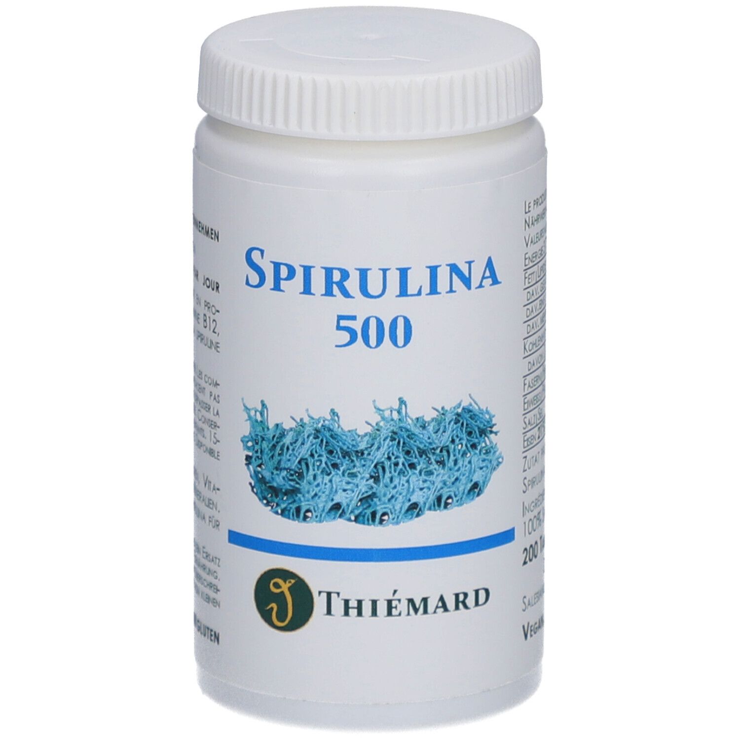 Weiße Flasche mit blauem Spirulina 500-Etikett. Marke Thiémard. Deckel oben.