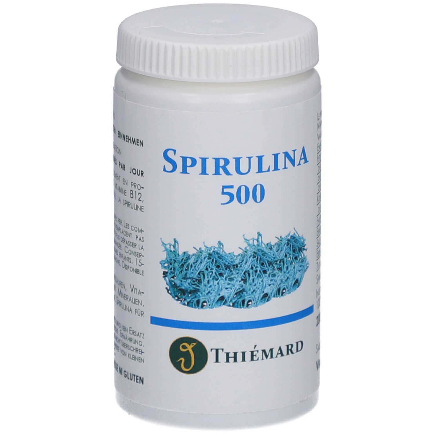 Weiße Flasche mit blauem Spirulina 500-Etikett. Marke Thiémard. Deckel oben.