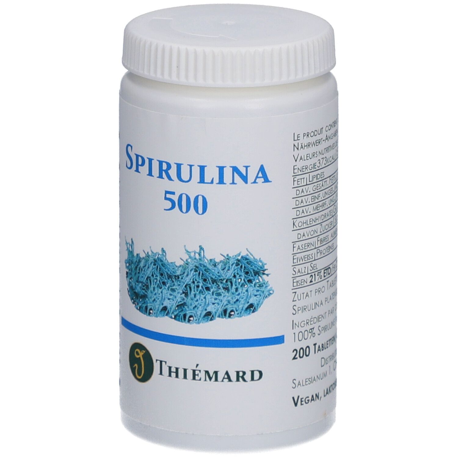 Weiße Flasche mit blauem Spirulina 500-Etikett. Marke Thiémard. Enthält 200 Tabletten.