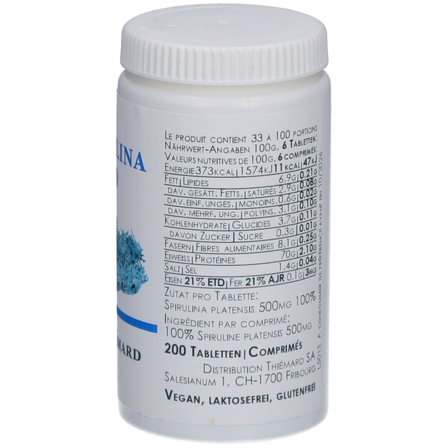 Weiße Flasche mit Nährwertangaben. Enthält 200 Tabletten. Marke Thiémard. Enthält Spirulina.