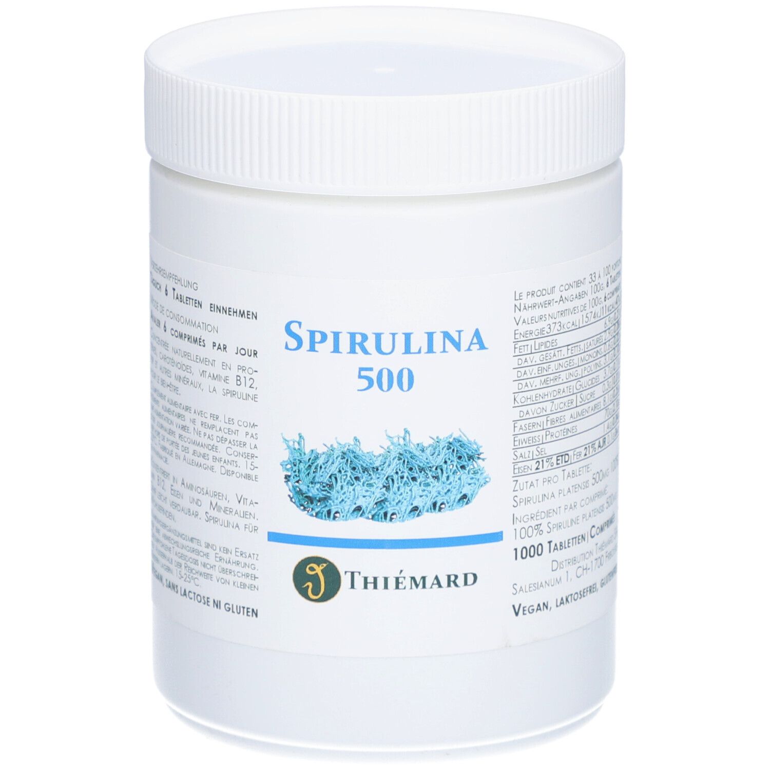 Weiße Dose mit Spirulina 500-Aufschrift und Thiemard-Logo. Blaue Abbildung von Spirulina. Text in Deutsch und Französisch.