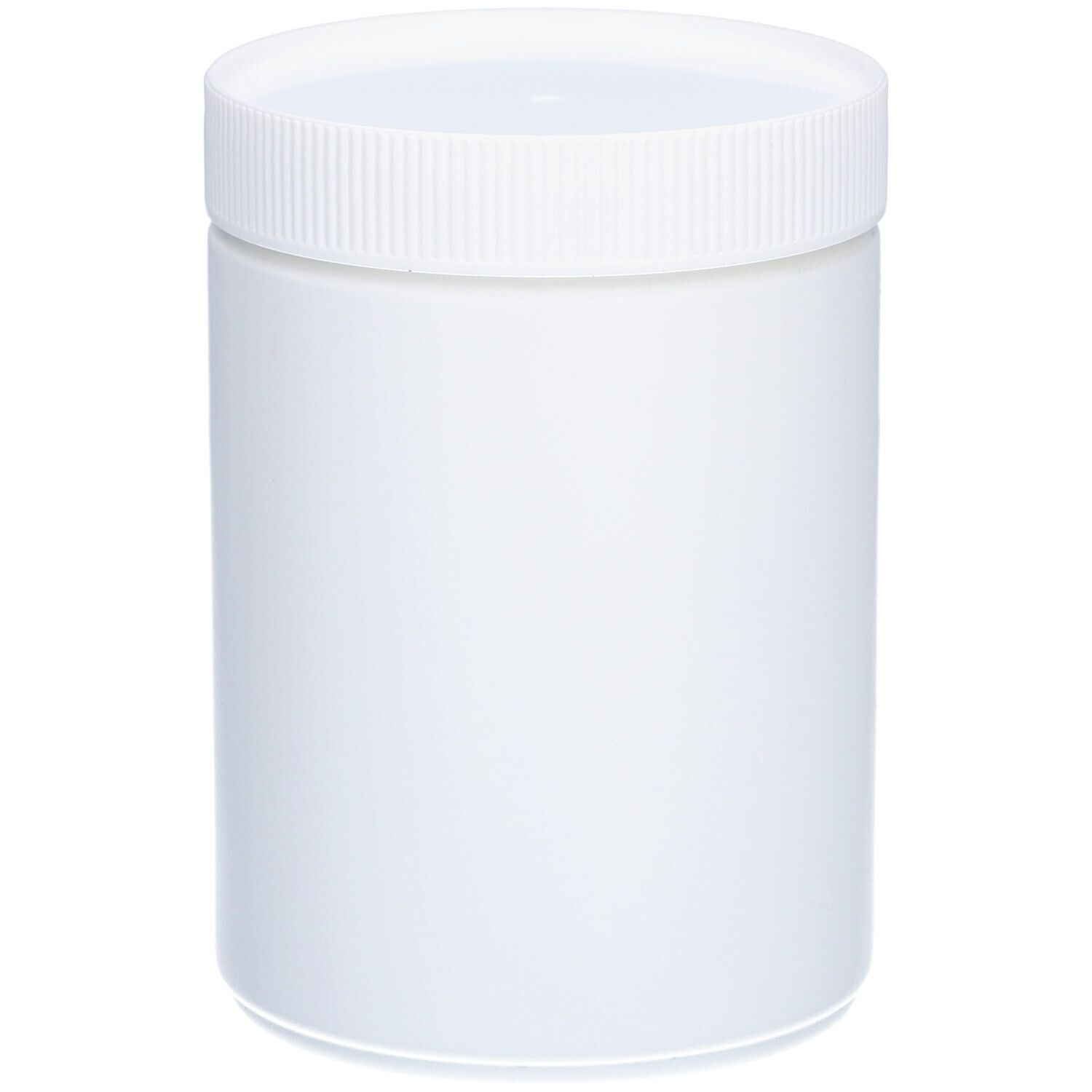 Weiße, zylindrische Dose mit weißem Schraubverschluss. Glatte Oberfläche. Ohne weitere Beschriftung.
