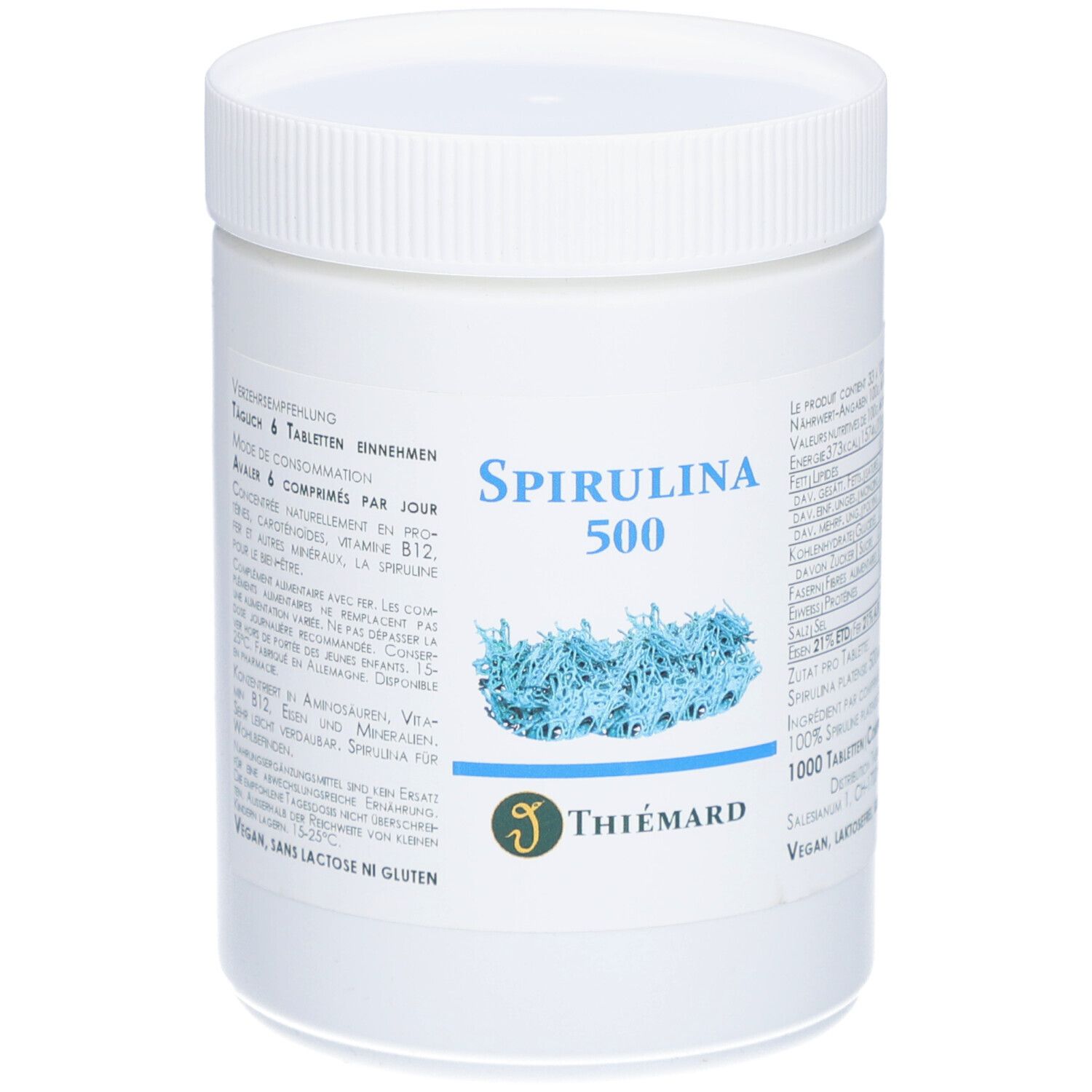 Weiße Dose mit Spirulina 500-Aufschrift und Thiemard-Logo. Blaue Abbildung von Spirulina. Text in Deutsch und Französisch.