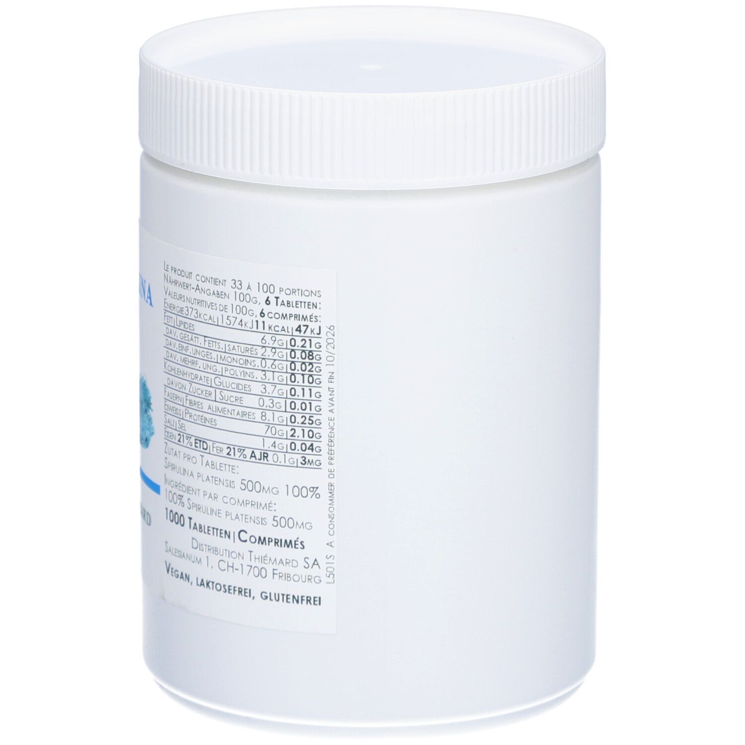 Weiße Dose mit Text in Deutsch und Französisch. Aufschrift: Spirulina Platense 500mg. 1000 Tabletten. Vegan, sans lactose, glutenfrei.