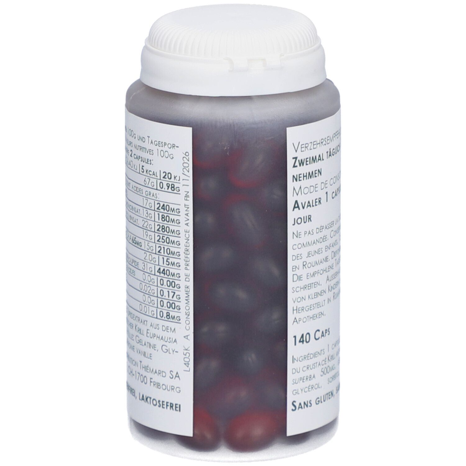 Flacon gris avec couvercle blanc. Gélules rouges visibles. Dos avec texte : Recommandations, 140 gélules, Sans gluten, Sans lactose.