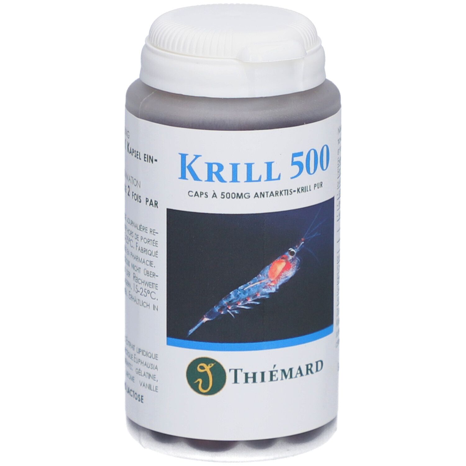 Flacon gris avec couvercle blanc. Inscription : Krill 500, Caps à 500mg Antarctique-Krill pur. Logo Thiemard. Illustration de krill.