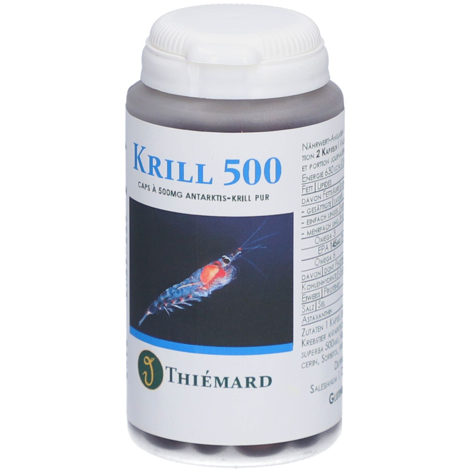 Flacon gris avec couvercle blanc. Inscription : Krill 500, Caps à 500mg Antarctique-Krill pur. Logo Thiemard. Illustration de krill.