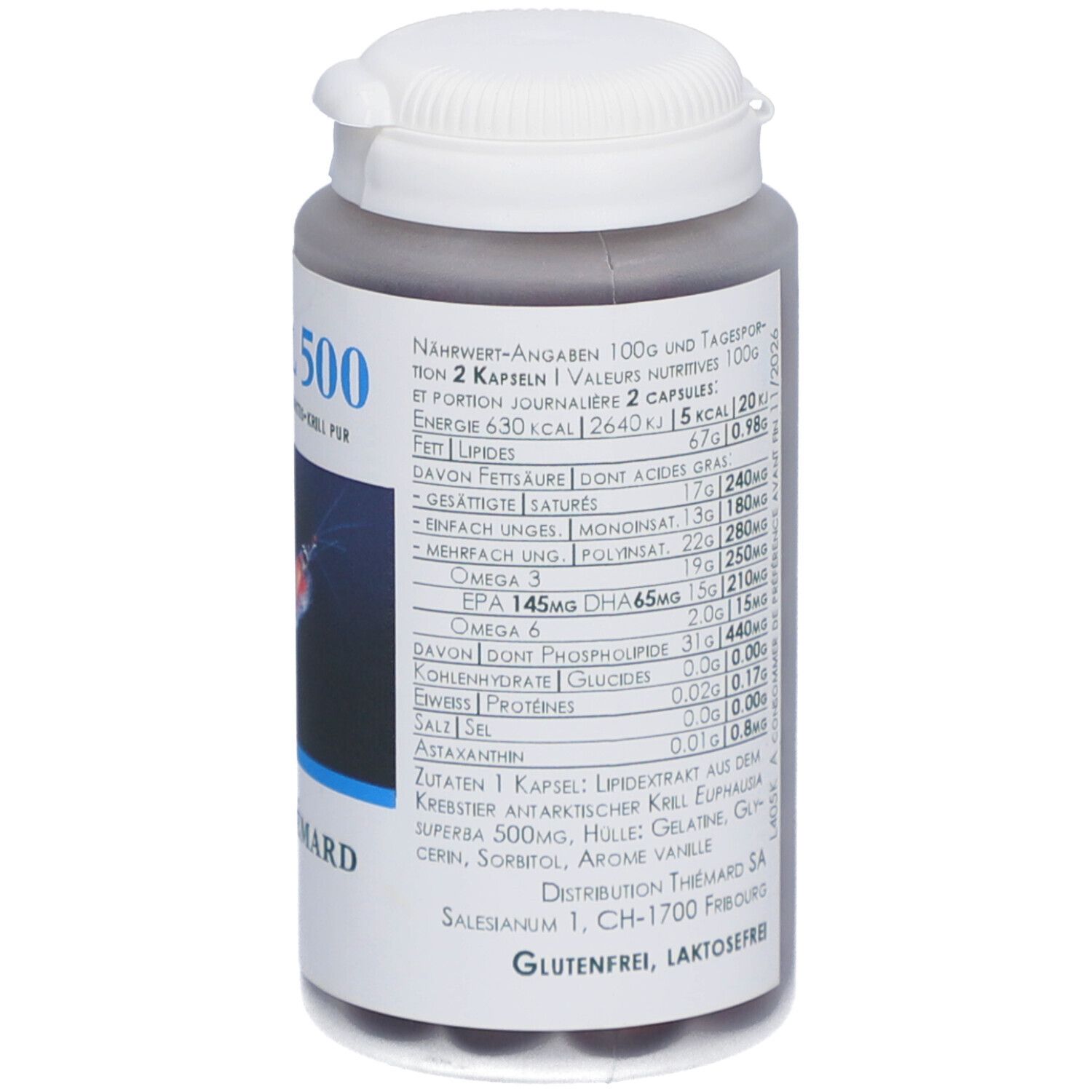 Flacon gris avec couvercle blanc. Dos avec texte : Valeurs nutritionnelles, 100g et 2 gélules, ingrédients, Sans gluten, Sans lactose. Logo Thiemard.